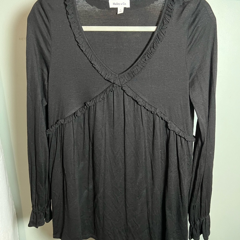 Hailey & Co. Black Long Sleeve Ruffled Blouse with Cuffed Sleeves